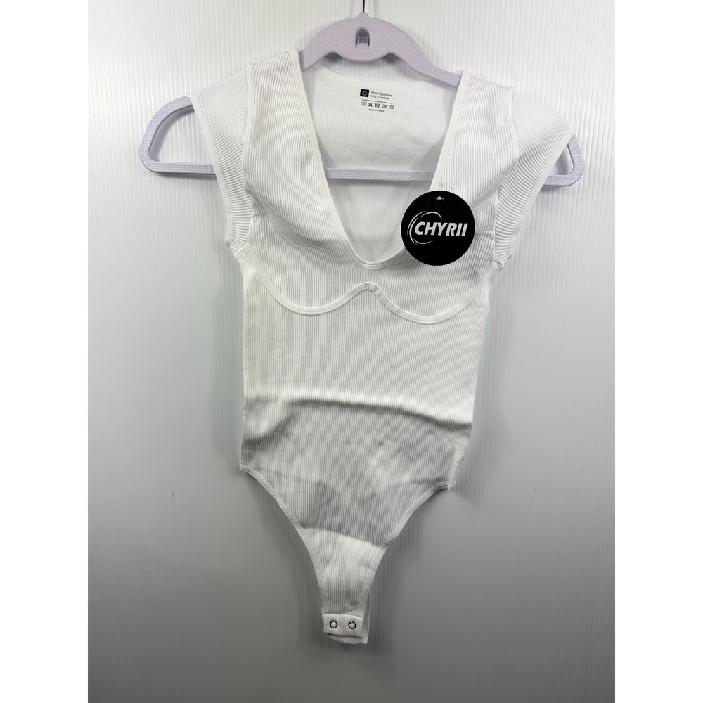 Chyrii Womens Bodysuit S White Ribbed V Neck Corset‎ Bustier Going Out Thong Top